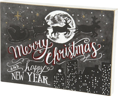 14" Box Sign Primitives by Kathy Merry Christmas Santa Sleigh - Gifts Happen Here